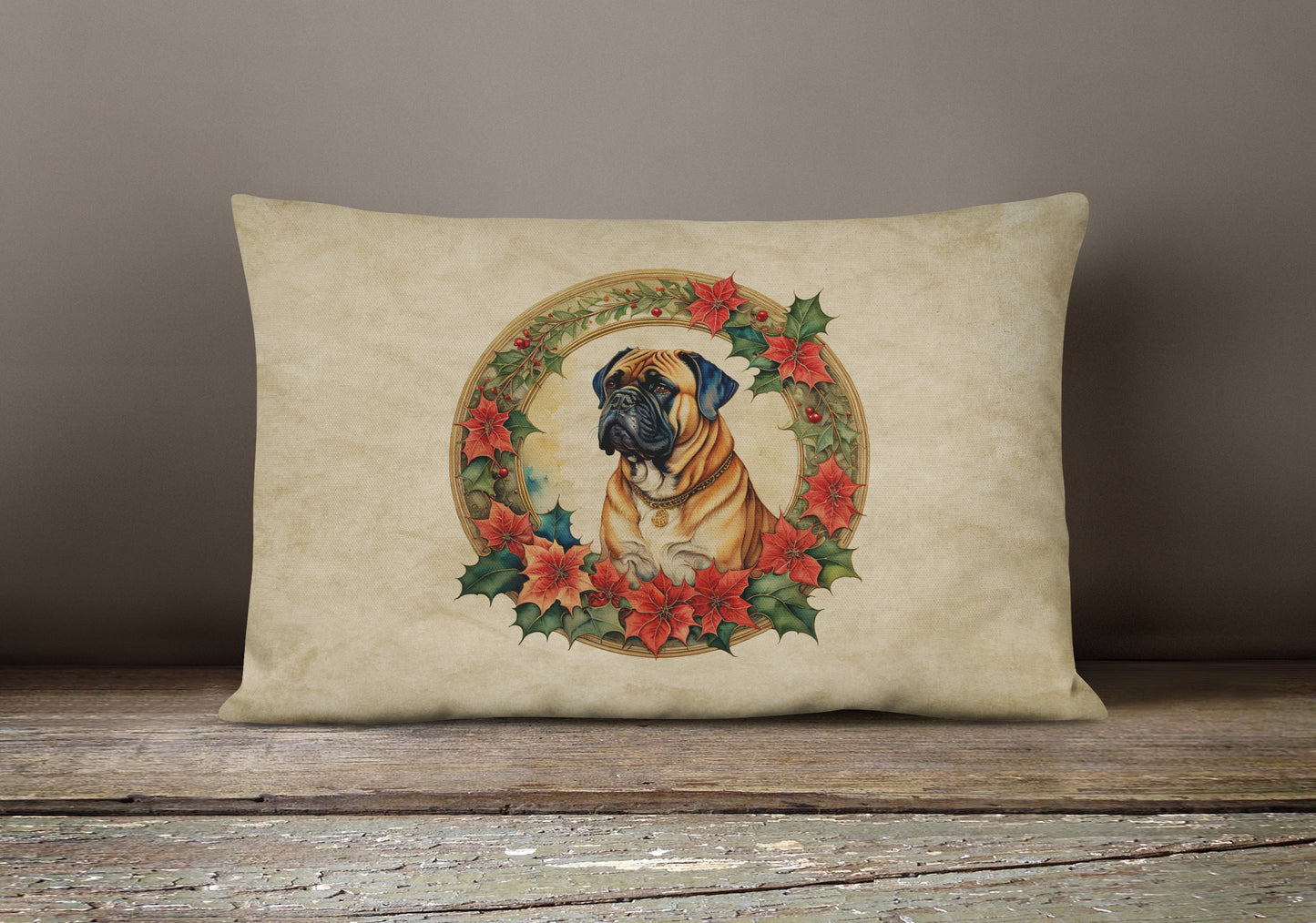 Bullmastiff Christmas Flowers Throw Pillow