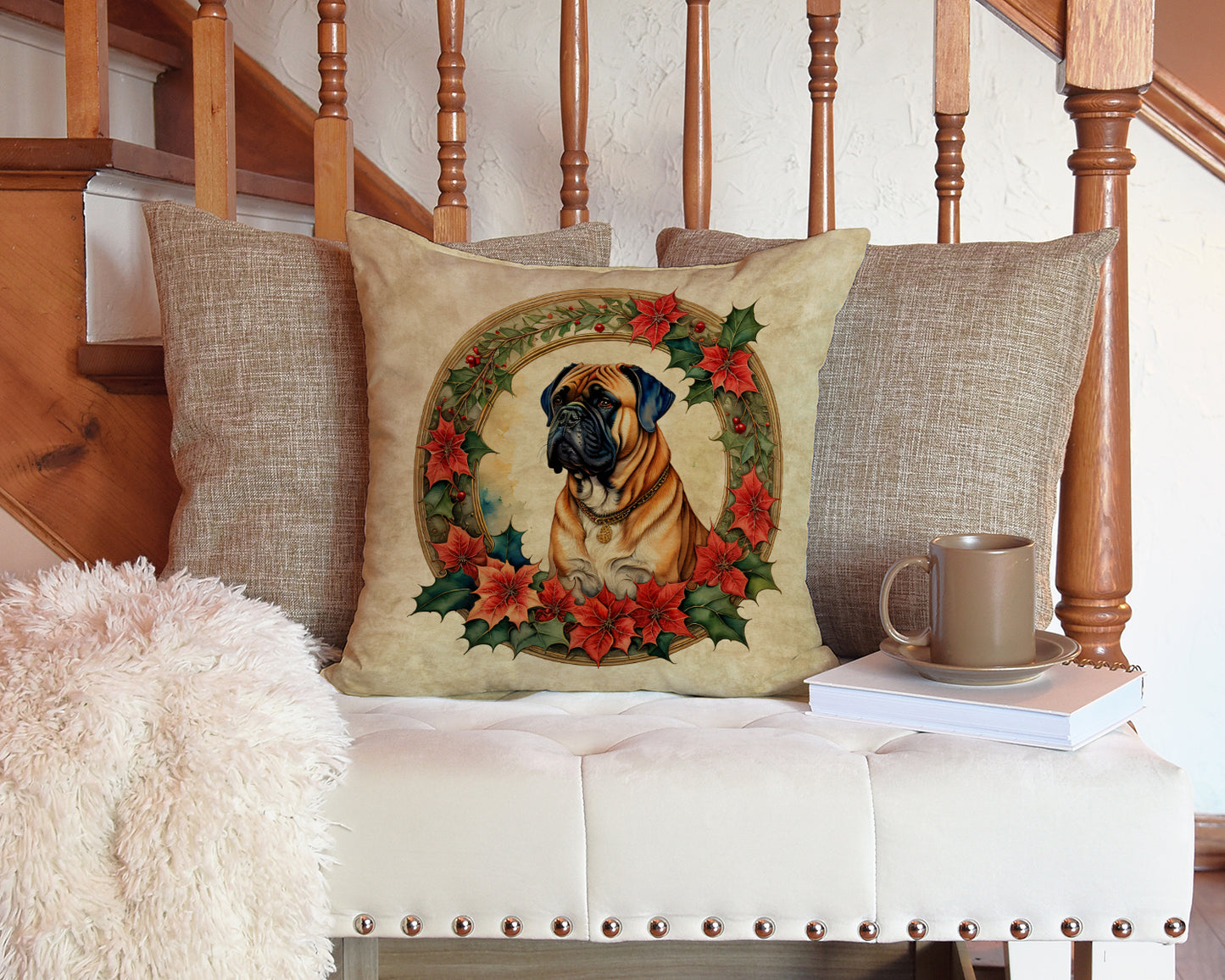 Bullmastiff Christmas Flowers Throw Pillow