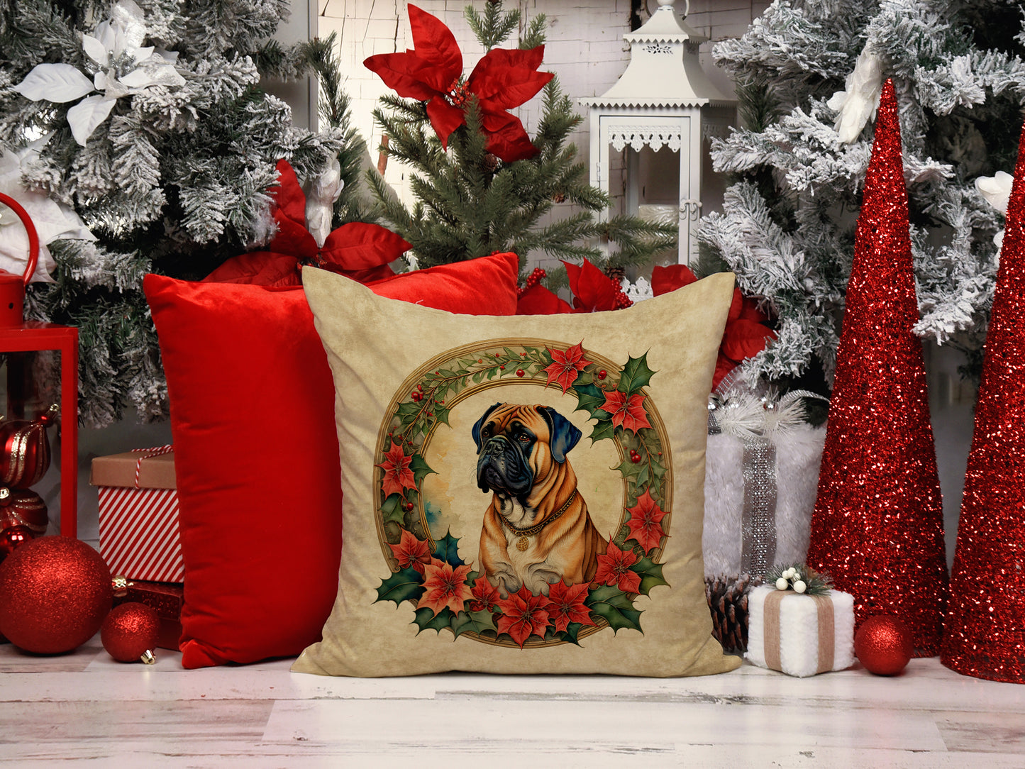 Bullmastiff Christmas Flowers Throw Pillow