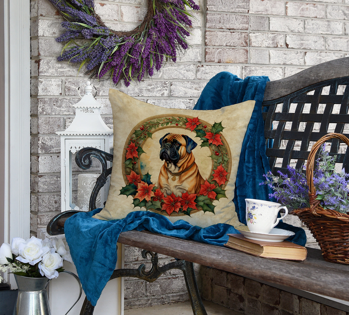 Bullmastiff Christmas Flowers Throw Pillow