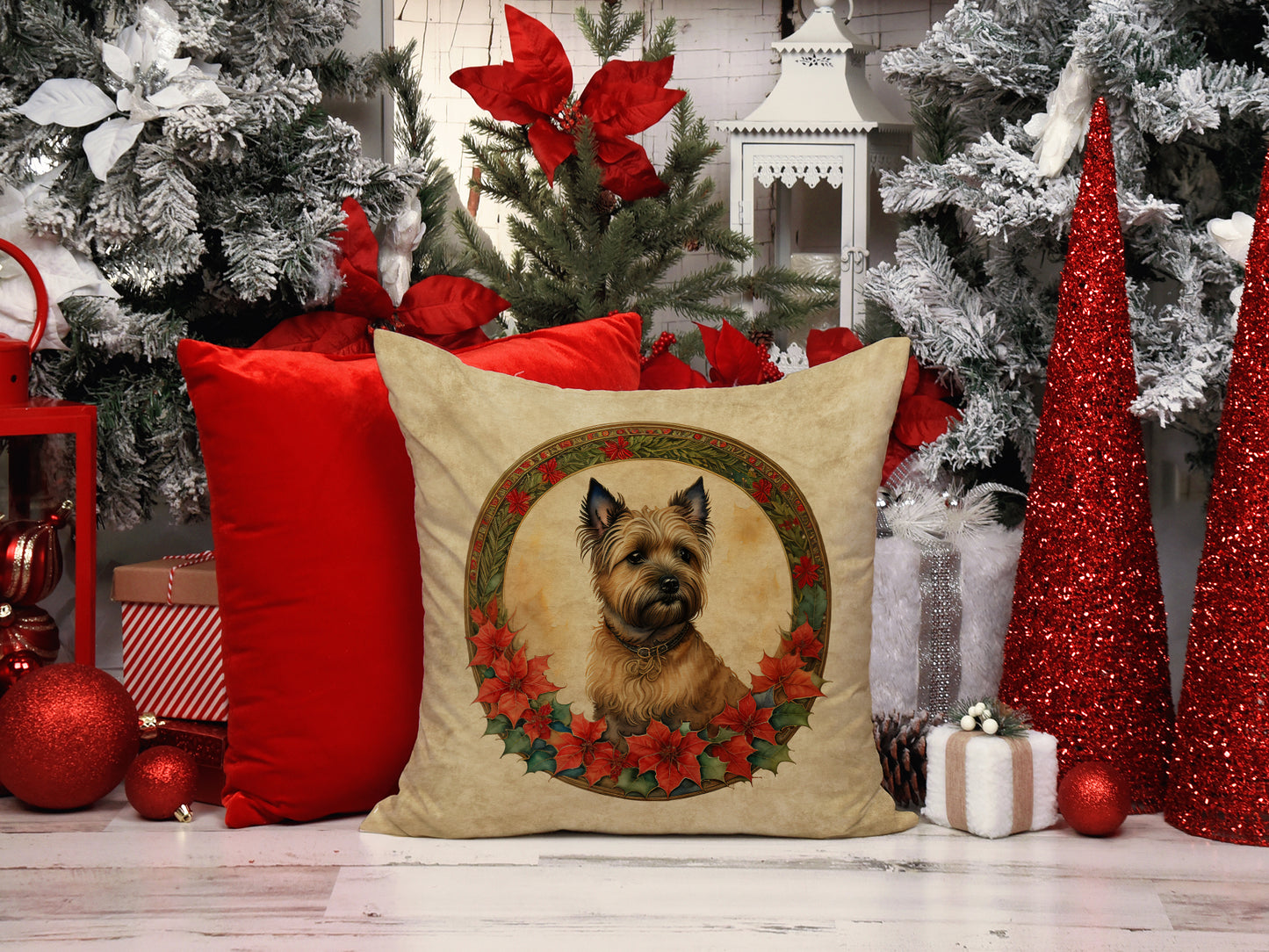 Cairn Terrier Christmas Flowers Throw Pillow