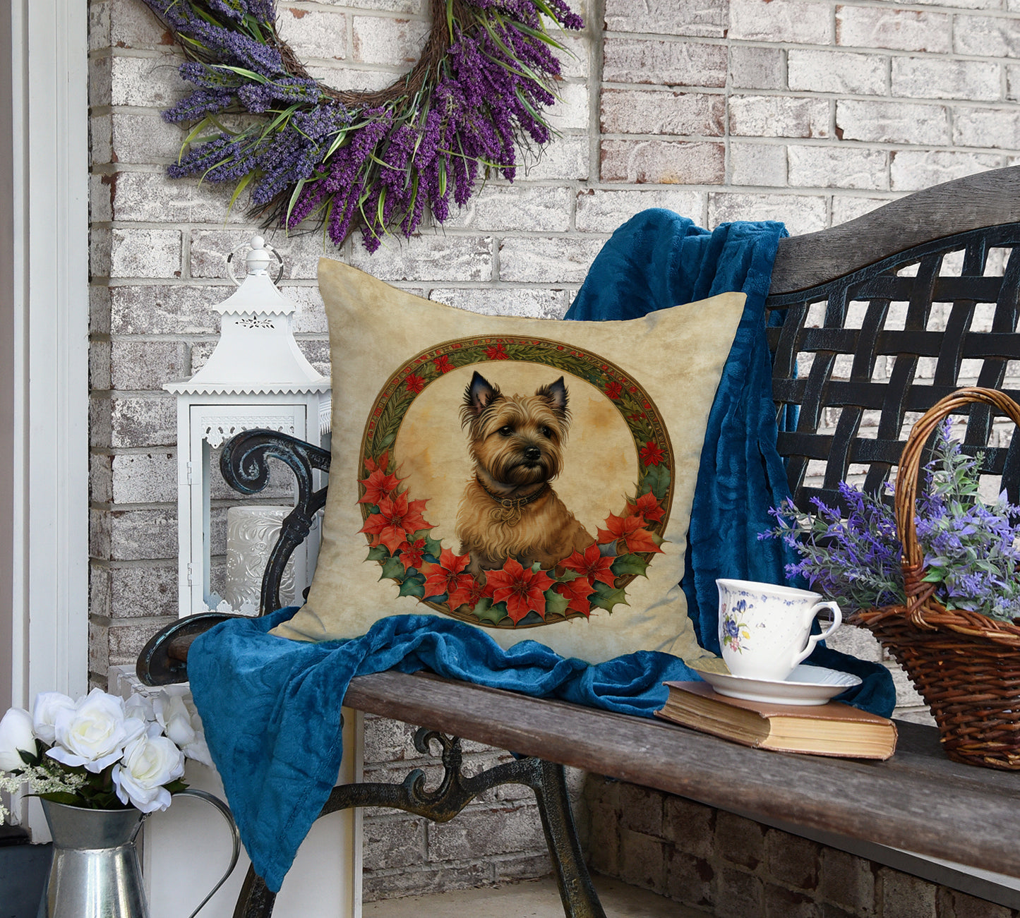 Cairn Terrier Christmas Flowers Throw Pillow