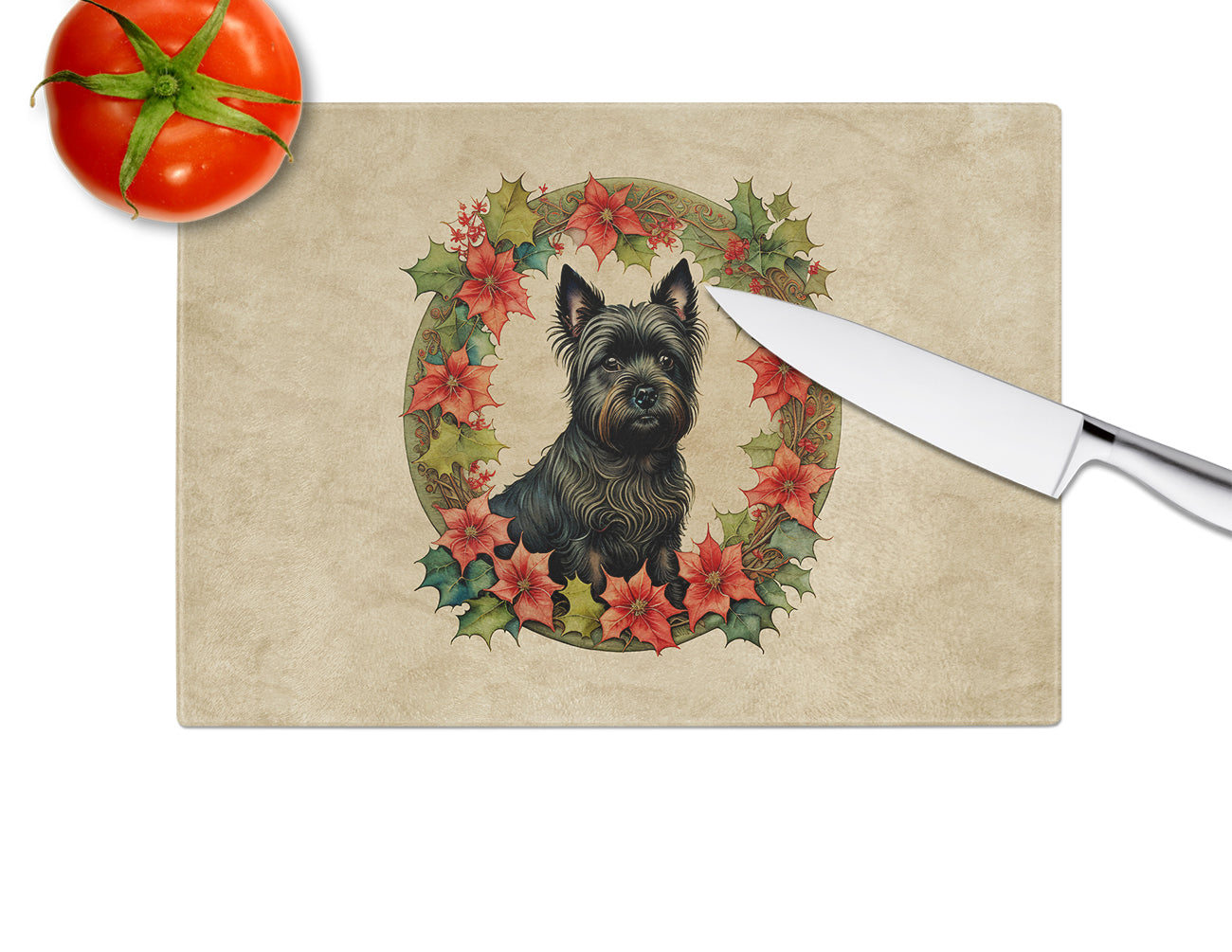 Cairn Terrier Christmas Flowers Glass Cutting Board