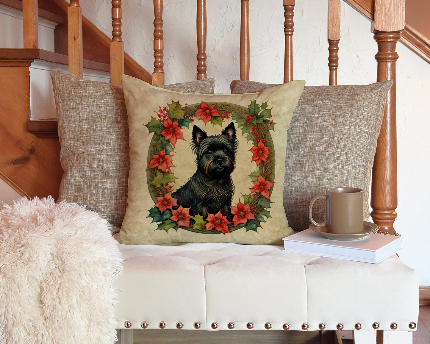 Cairn Terrier Christmas Flowers Throw Pillow