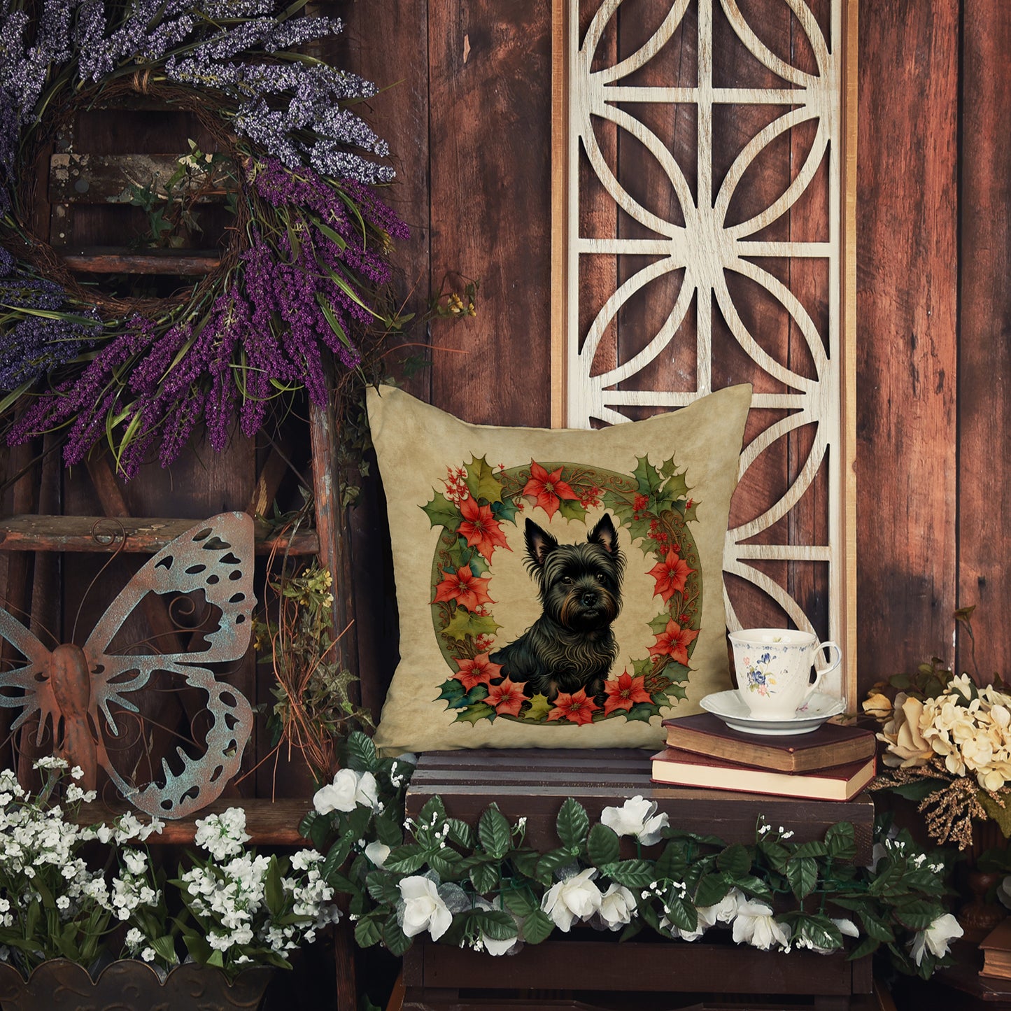 Cairn Terrier Christmas Flowers Throw Pillow