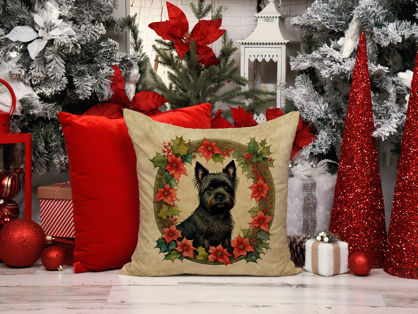 Cairn Terrier Christmas Flowers Throw Pillow