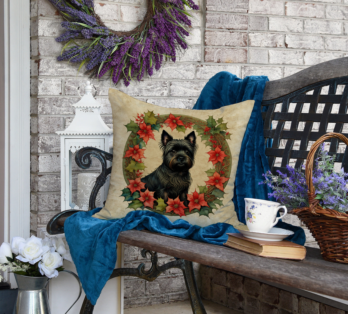 Cairn Terrier Christmas Flowers Throw Pillow