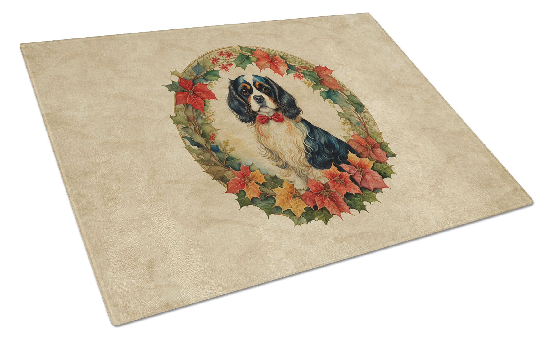 Buy this Cavalier Spaniel Christmas Flowers Glass Cutting Board