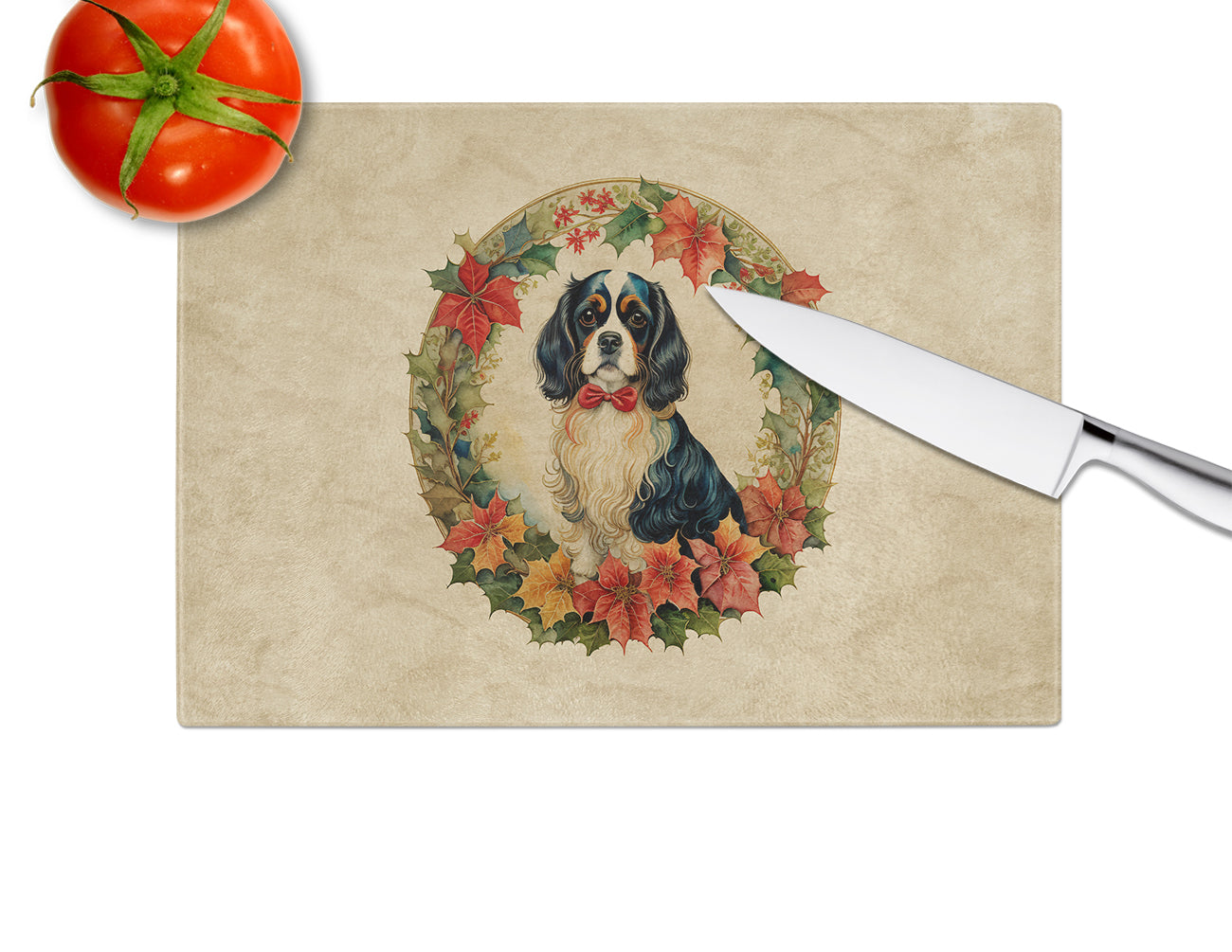 Cavalier Spaniel Christmas Flowers Glass Cutting Board