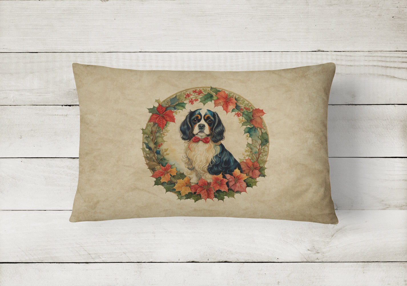 Cavalier Spaniel Christmas Flowers Throw Pillow