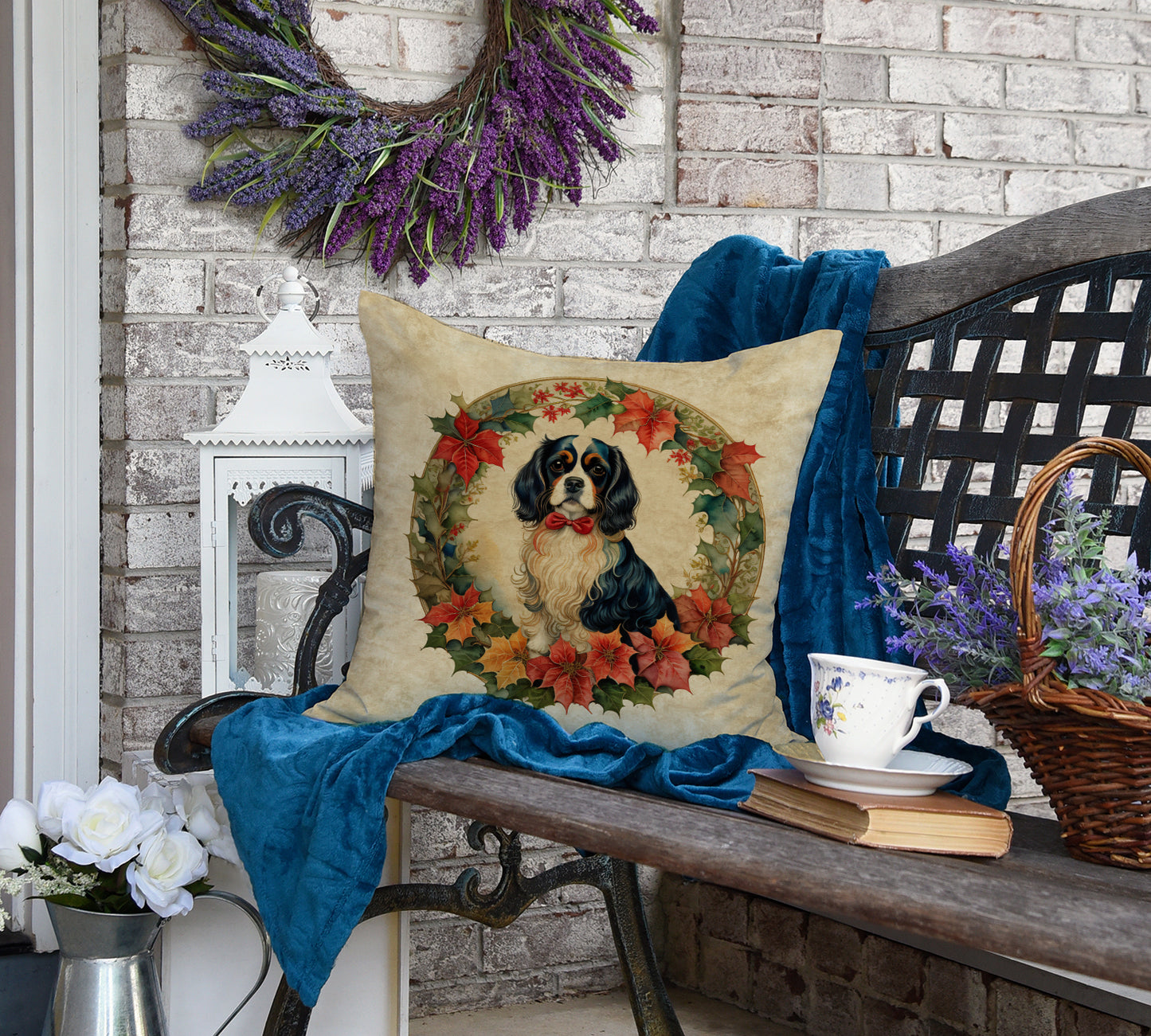 Cavalier Spaniel Christmas Flowers Throw Pillow