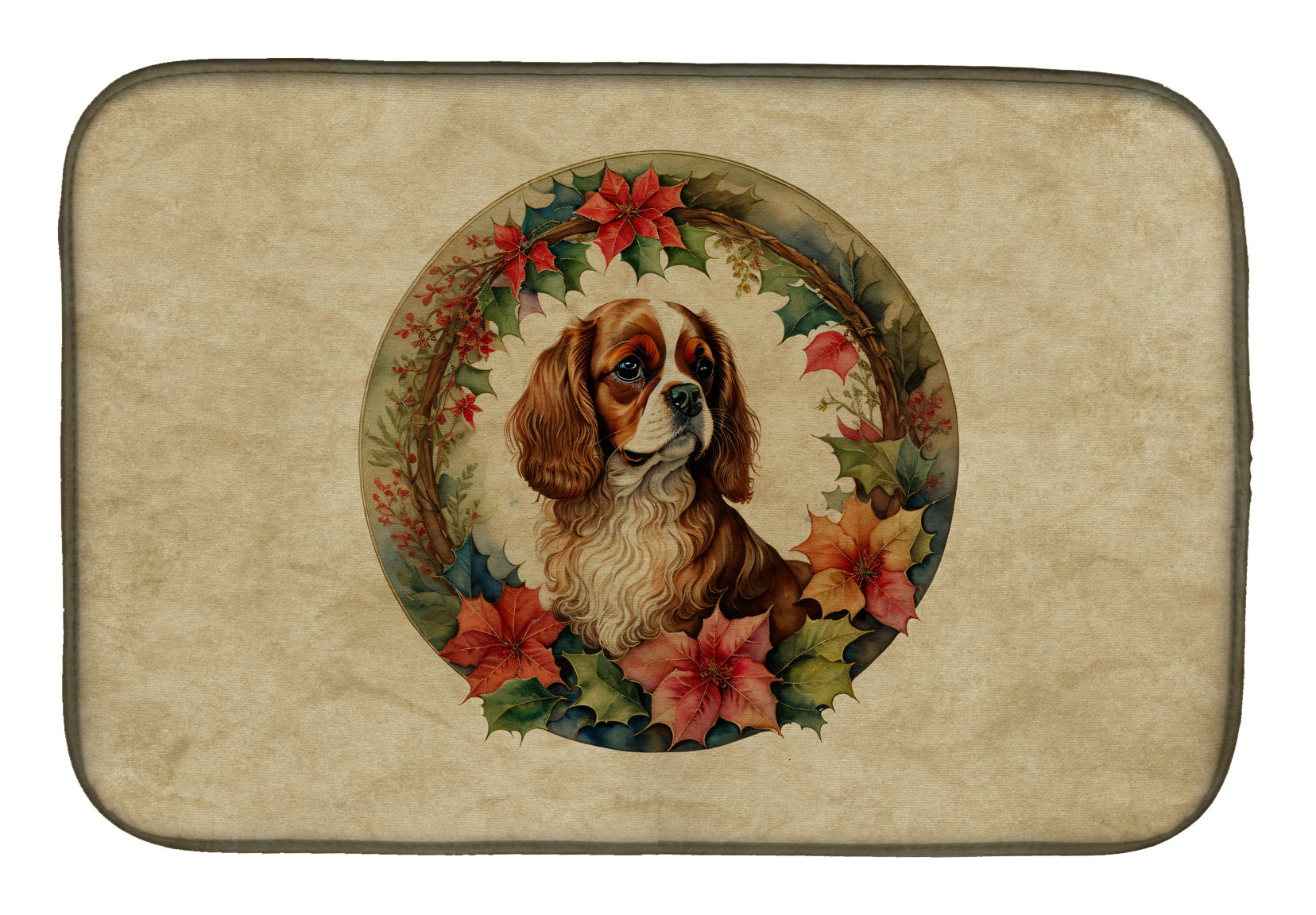 Buy this Cavalier Spaniel Christmas Flowers Dish Drying Mat