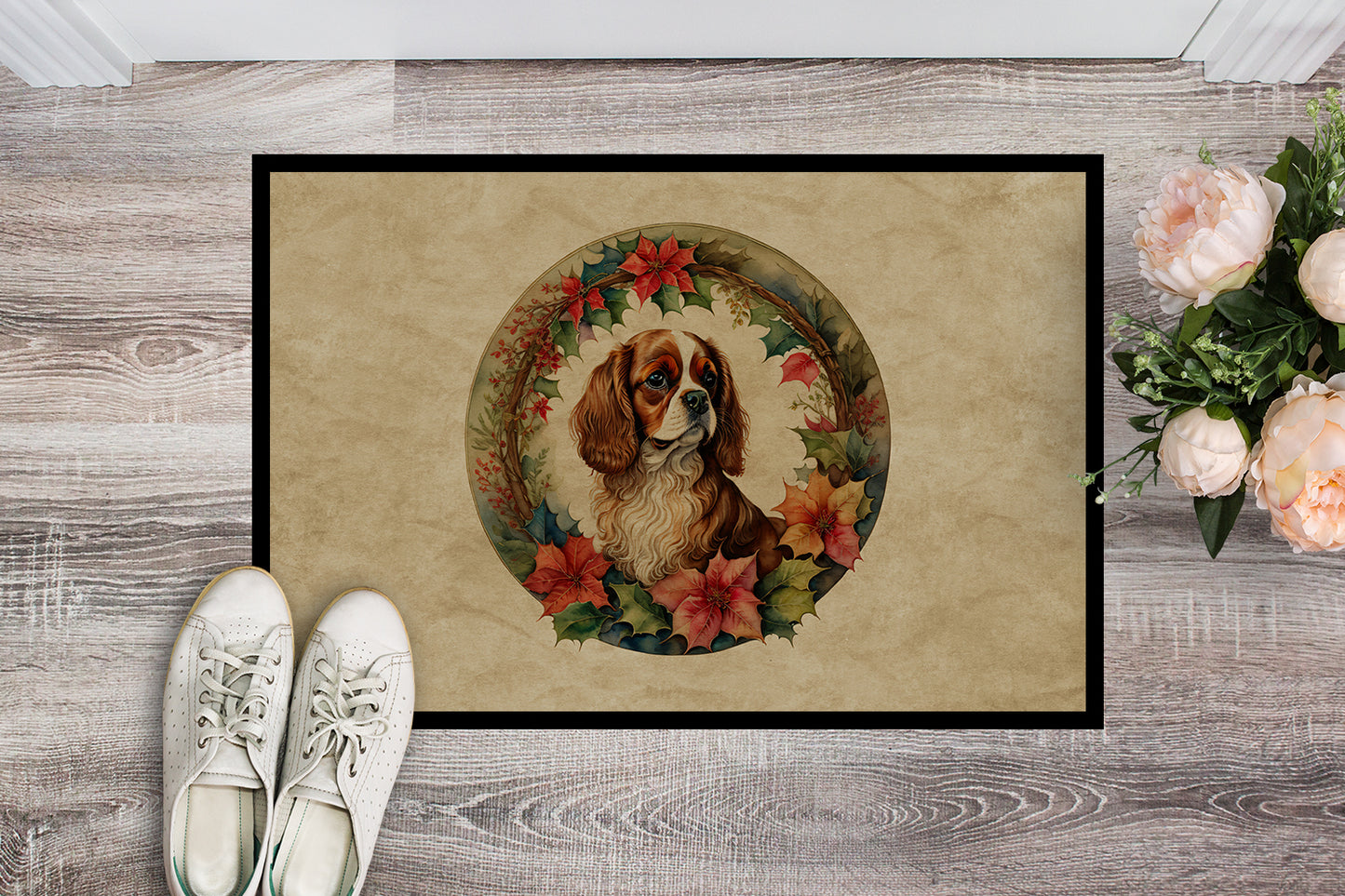 Cavalier Spaniel Christmas Flowers Doormat