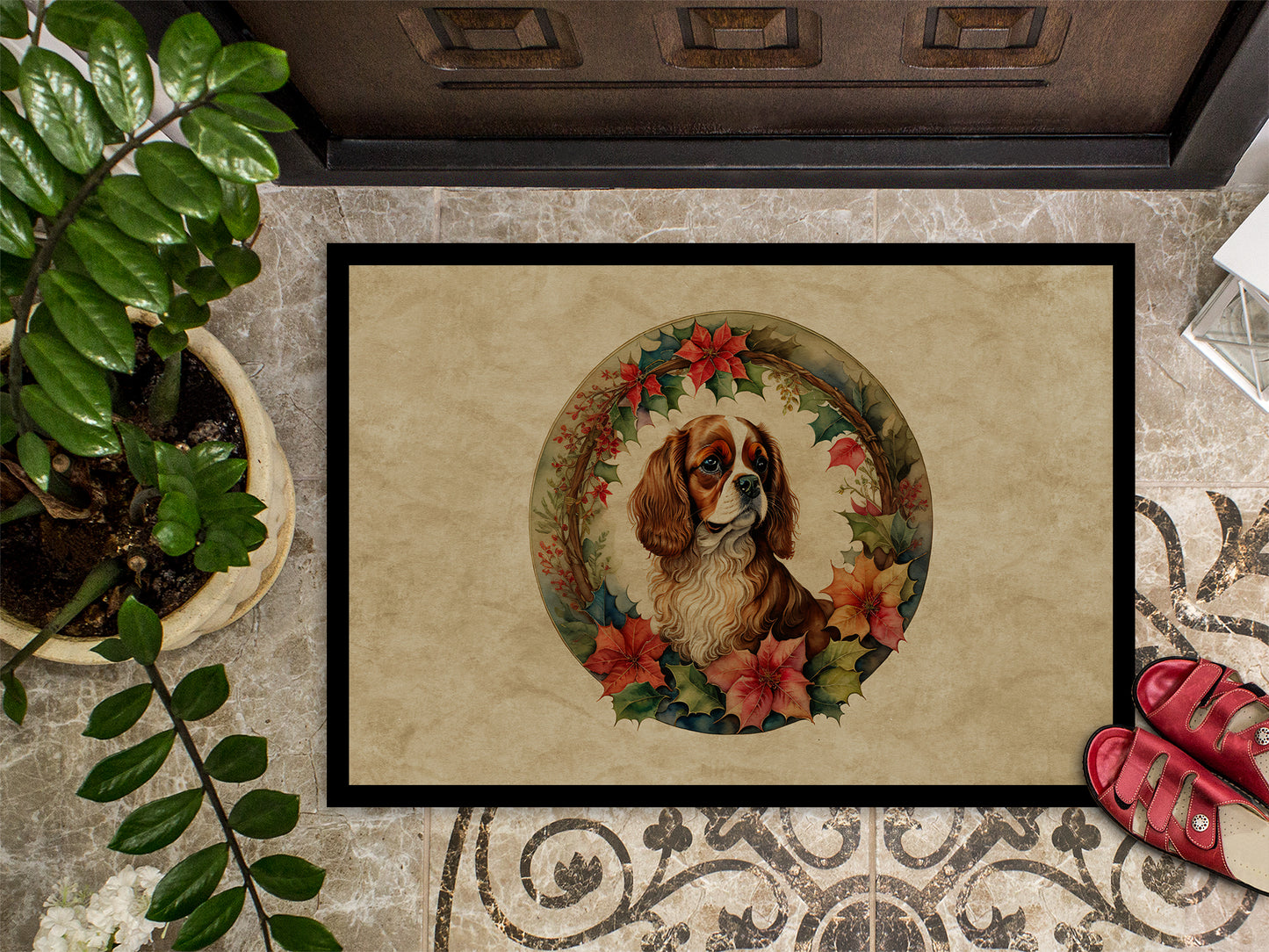 Cavalier Spaniel Christmas Flowers Doormat