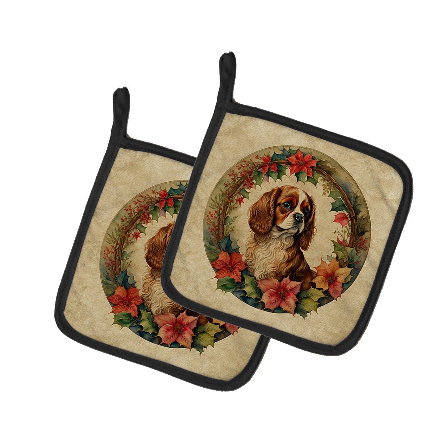 Buy this Cavalier Spaniel Christmas Flowers Pair of Pot Holders