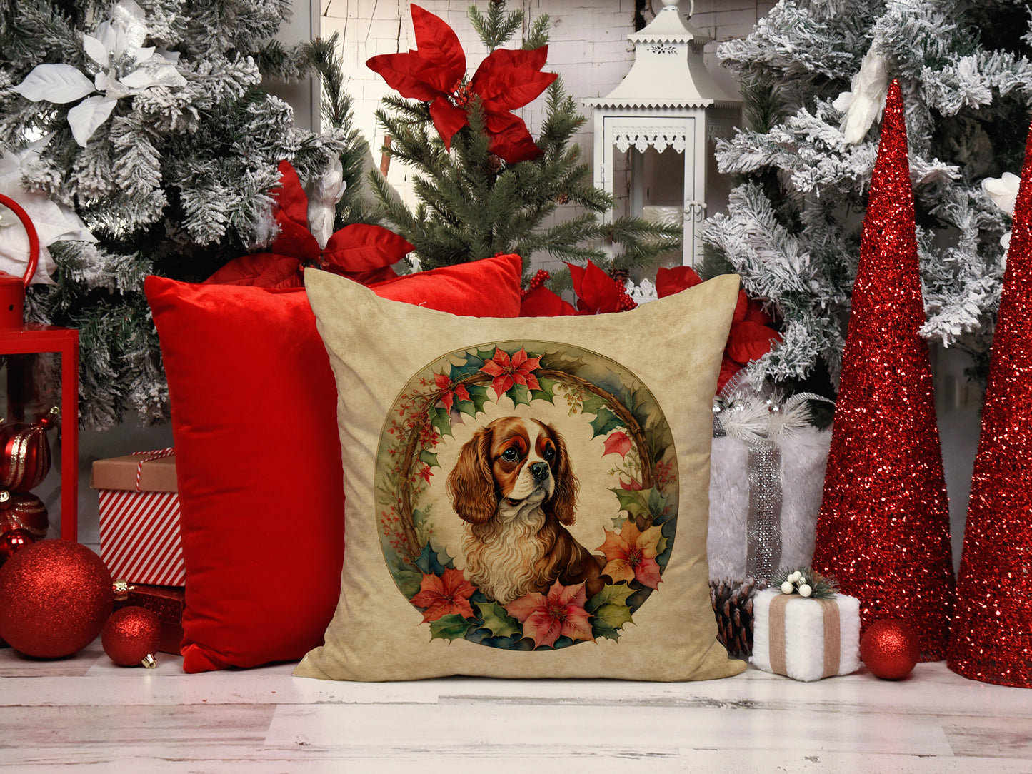 Cavalier Spaniel Christmas Flowers Throw Pillow