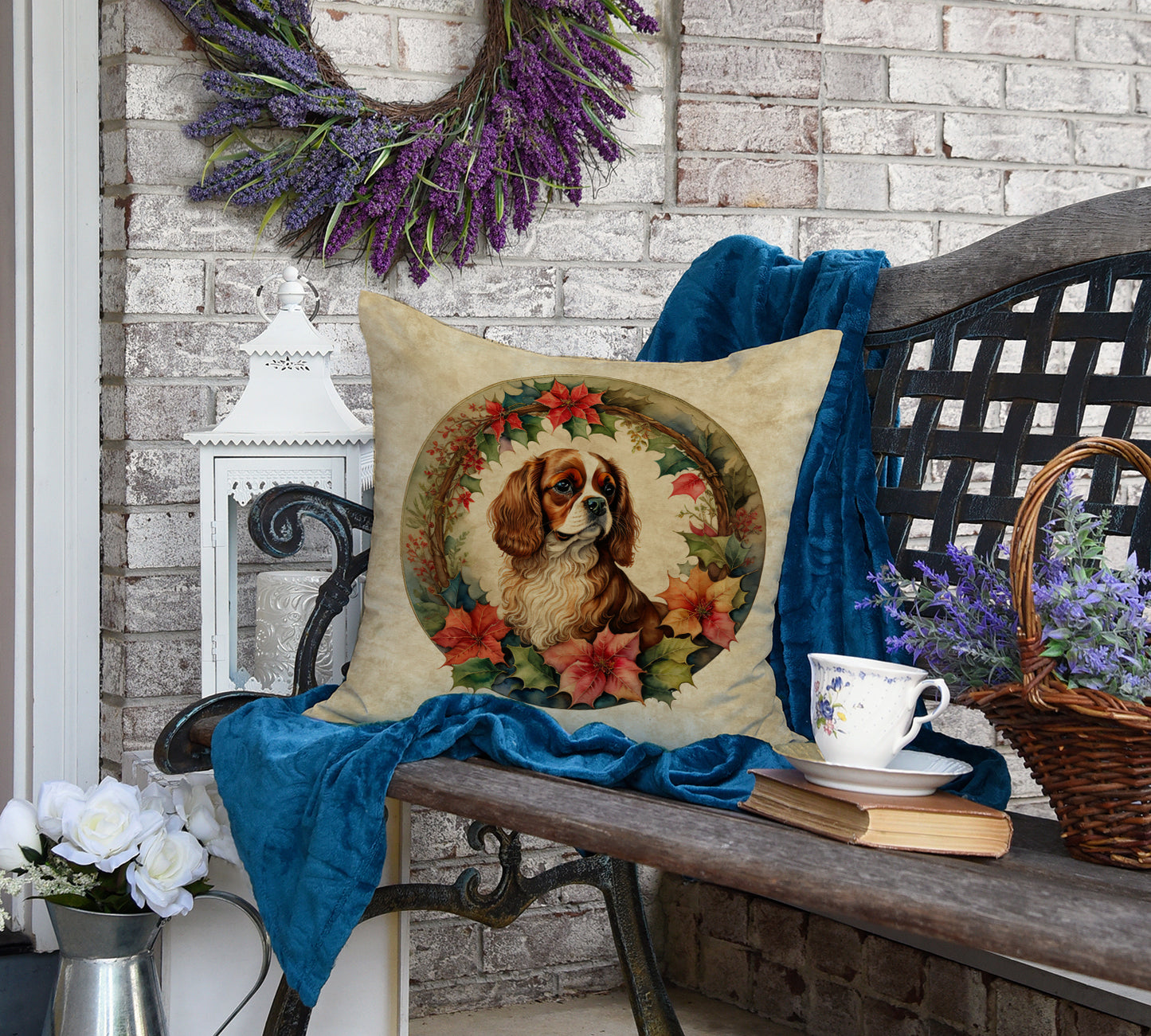 Cavalier Spaniel Christmas Flowers Throw Pillow