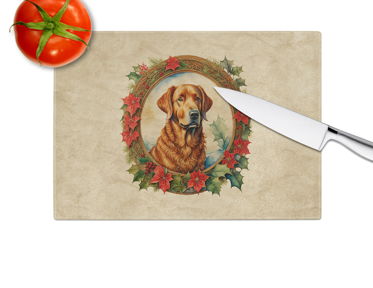 Chesapeake Bay Retriever Christmas Flowers Glass Cutting Board