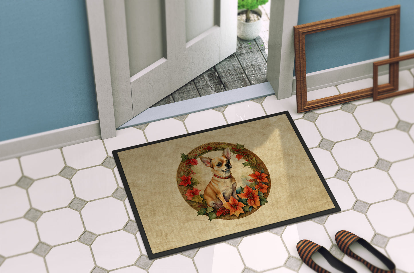 Chihuahua Christmas Flowers Doormat