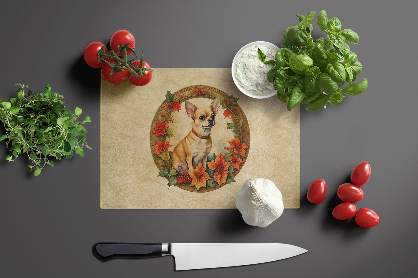 Chihuahua Christmas Flowers Glass Cutting Board