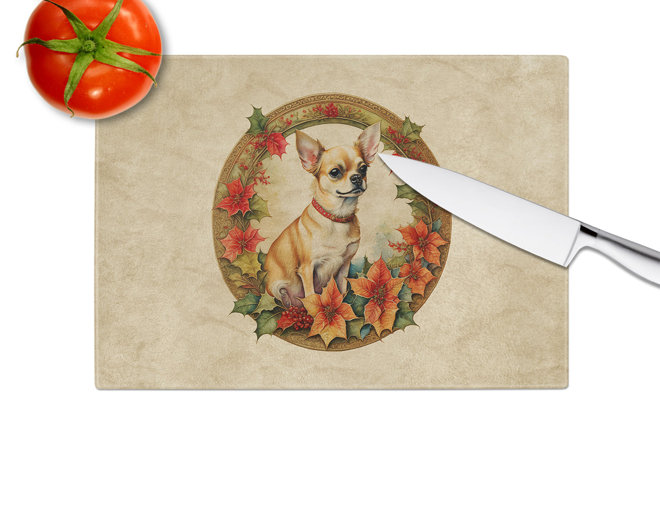 Chihuahua Christmas Flowers Glass Cutting Board