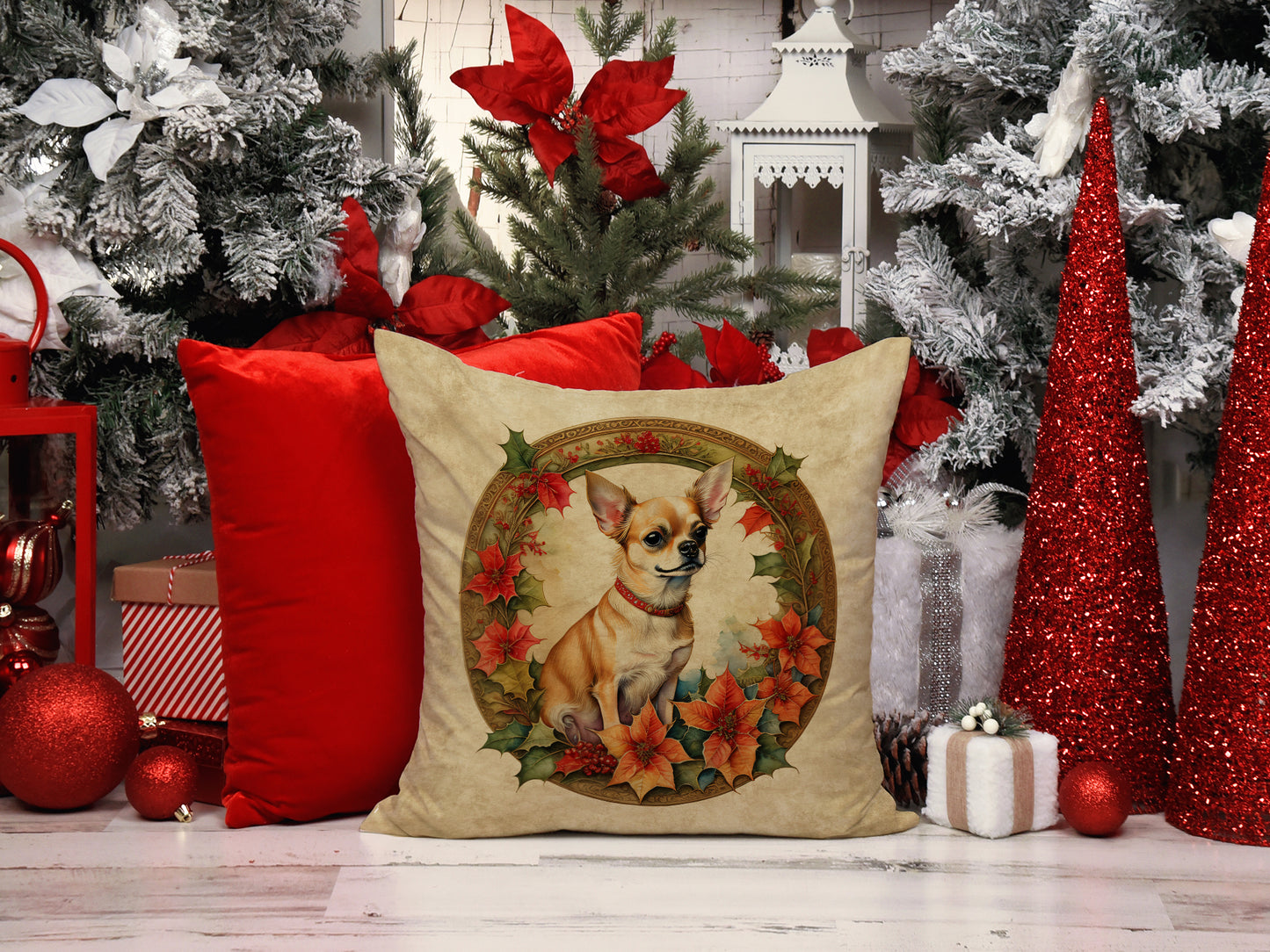 Chihuahua Christmas Flowers Throw Pillow