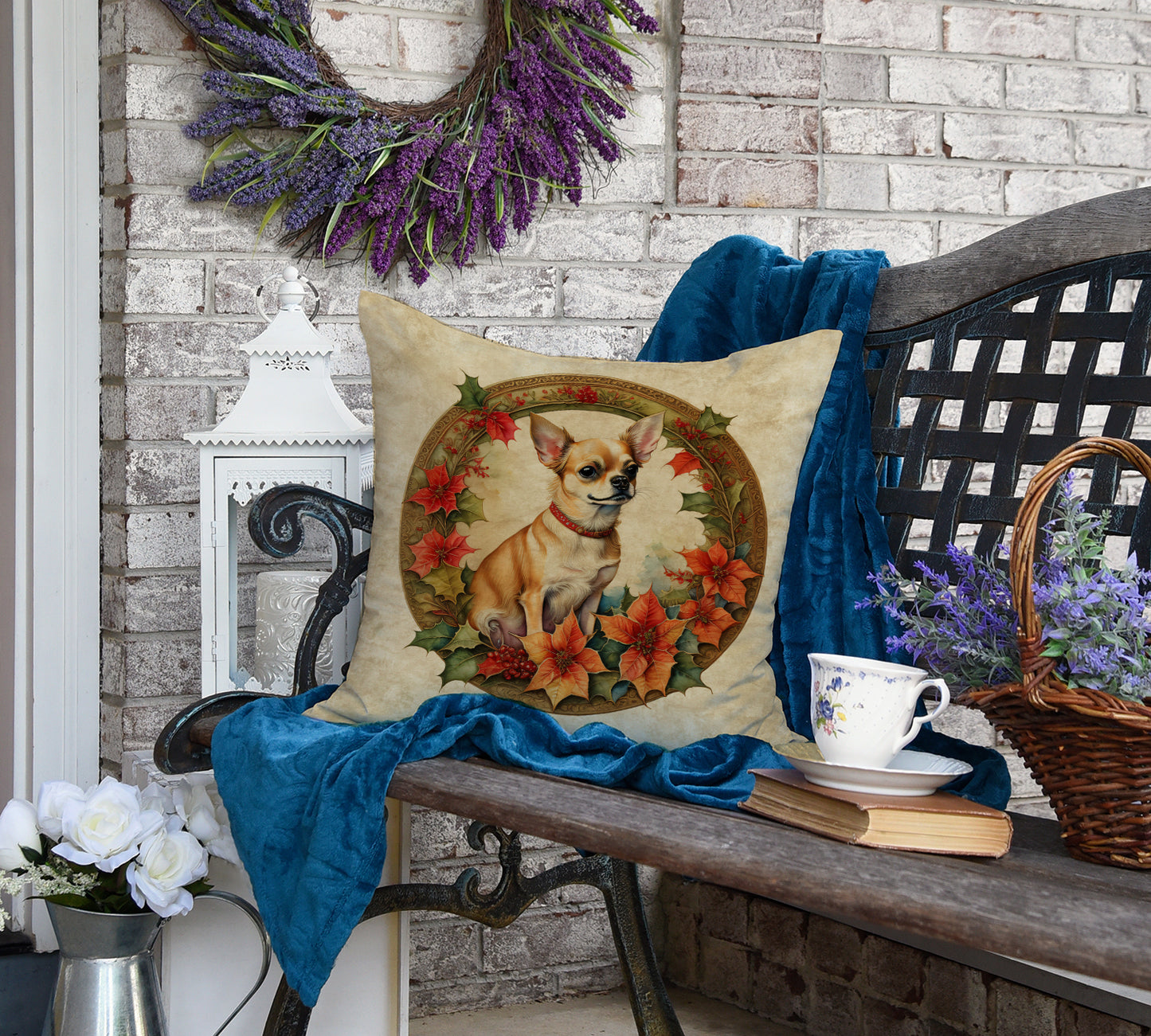 Chihuahua Christmas Flowers Throw Pillow