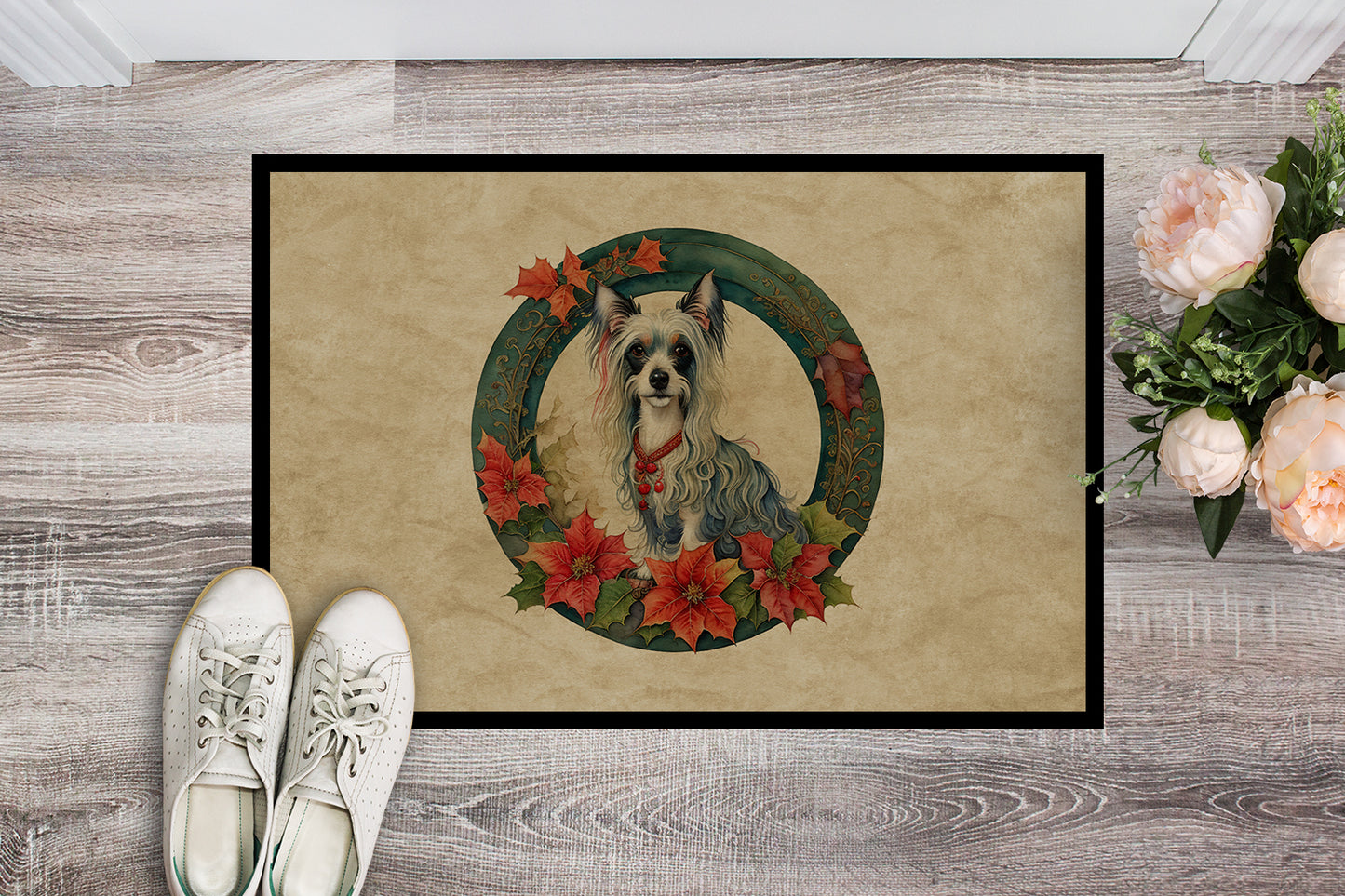 Chinese Crested Christmas Flowers Doormat