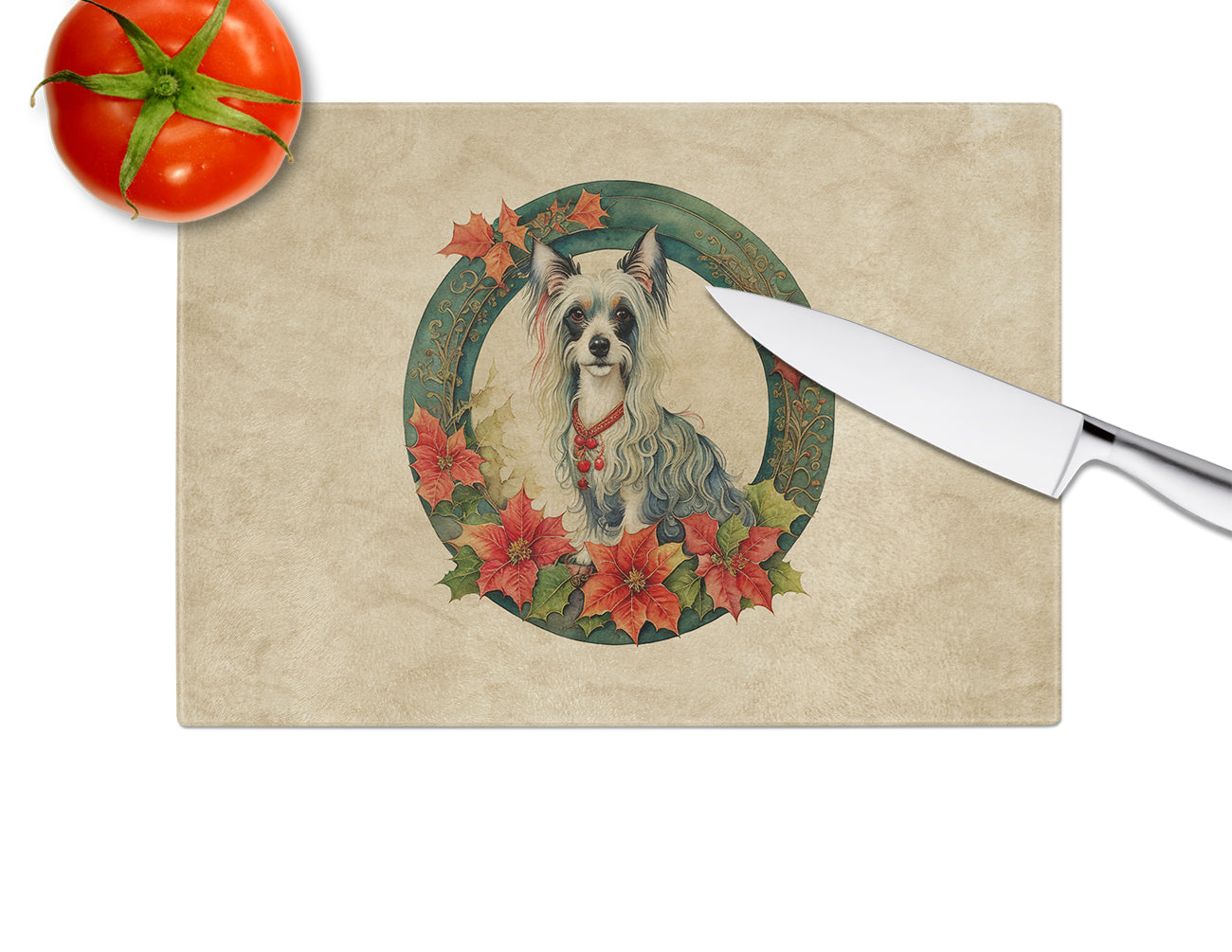 Chinese Crested Christmas Flowers Glass Cutting Board