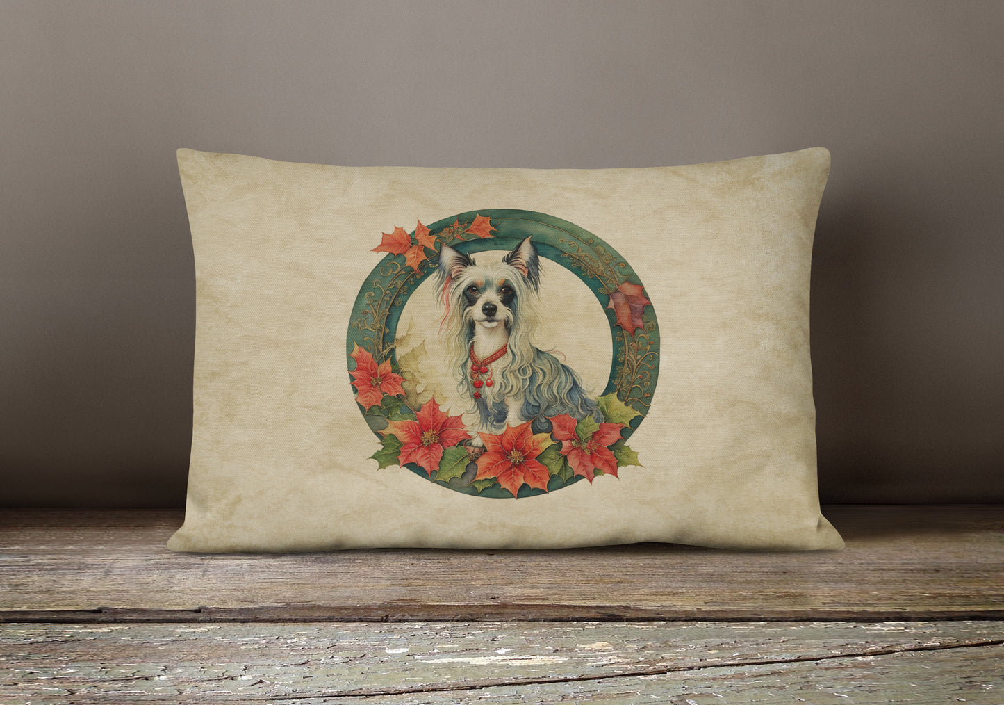 Chinese Crested Christmas Flowers Throw Pillow