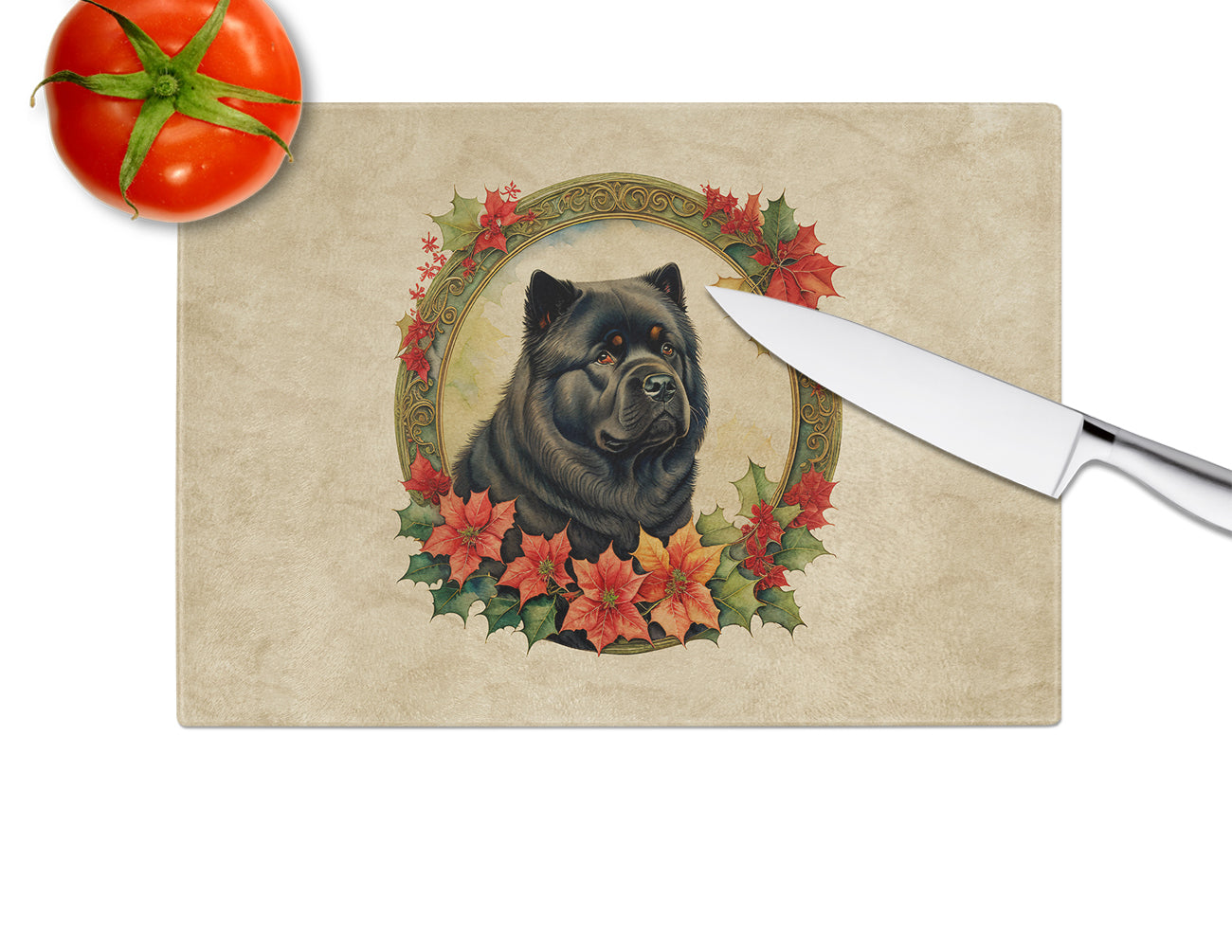 Chow Chow Christmas Flowers Glass Cutting Board