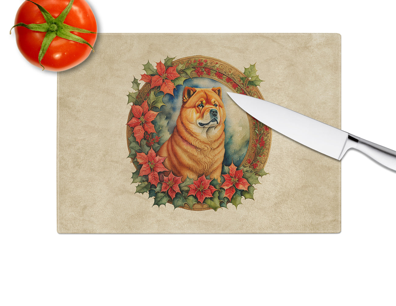 Chow Chow Christmas Flowers Glass Cutting Board