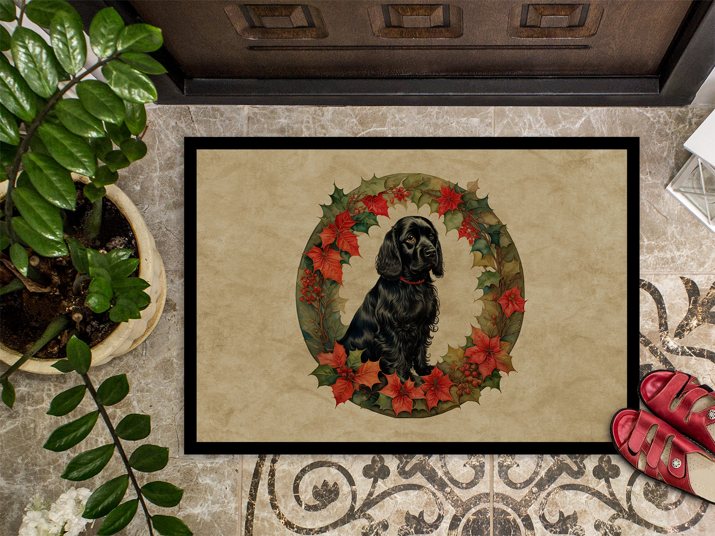 Cocker Spaniel Christmas Flowers Doormat