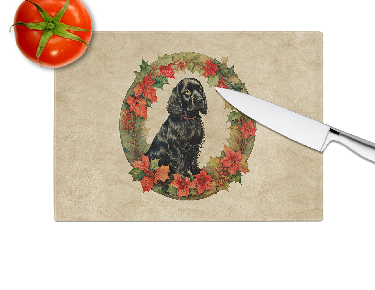 Cocker Spaniel Christmas Flowers Glass Cutting Board