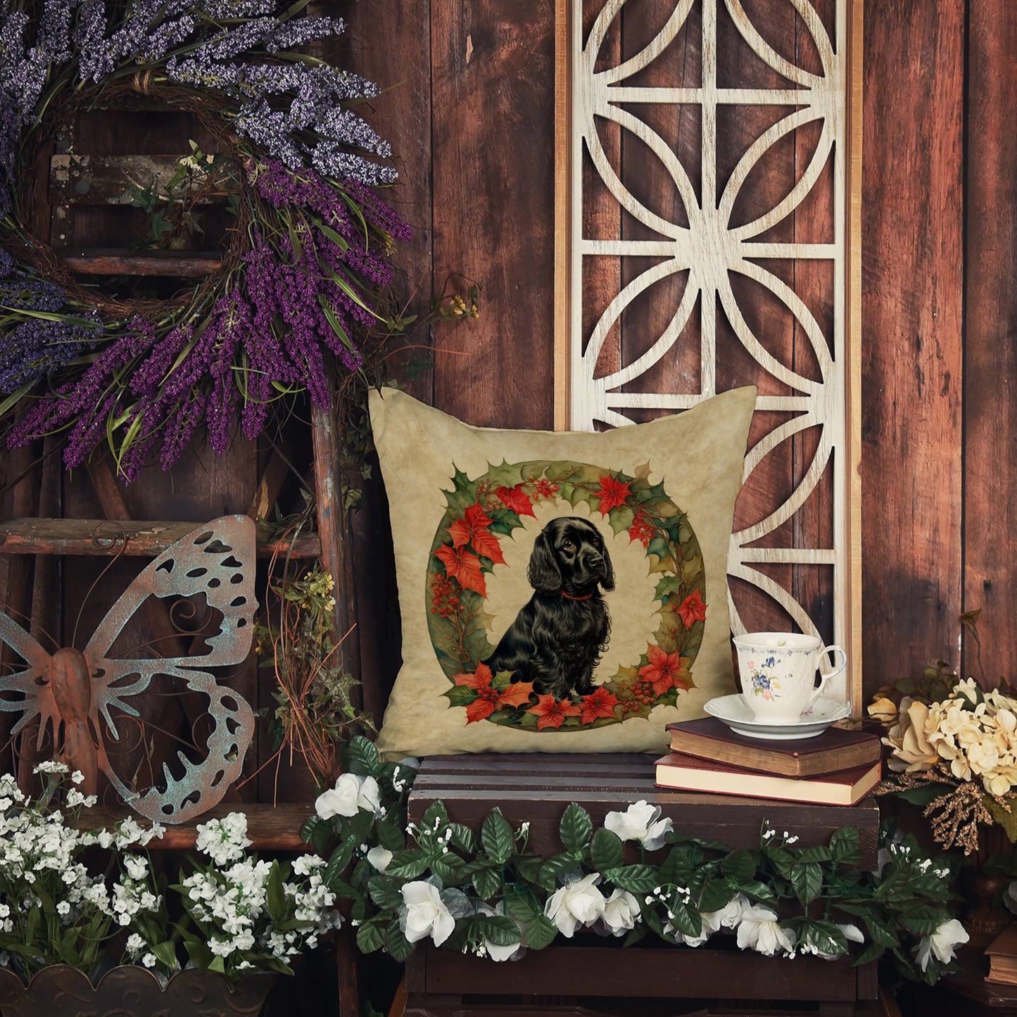 Cocker Spaniel Christmas Flowers Throw Pillow