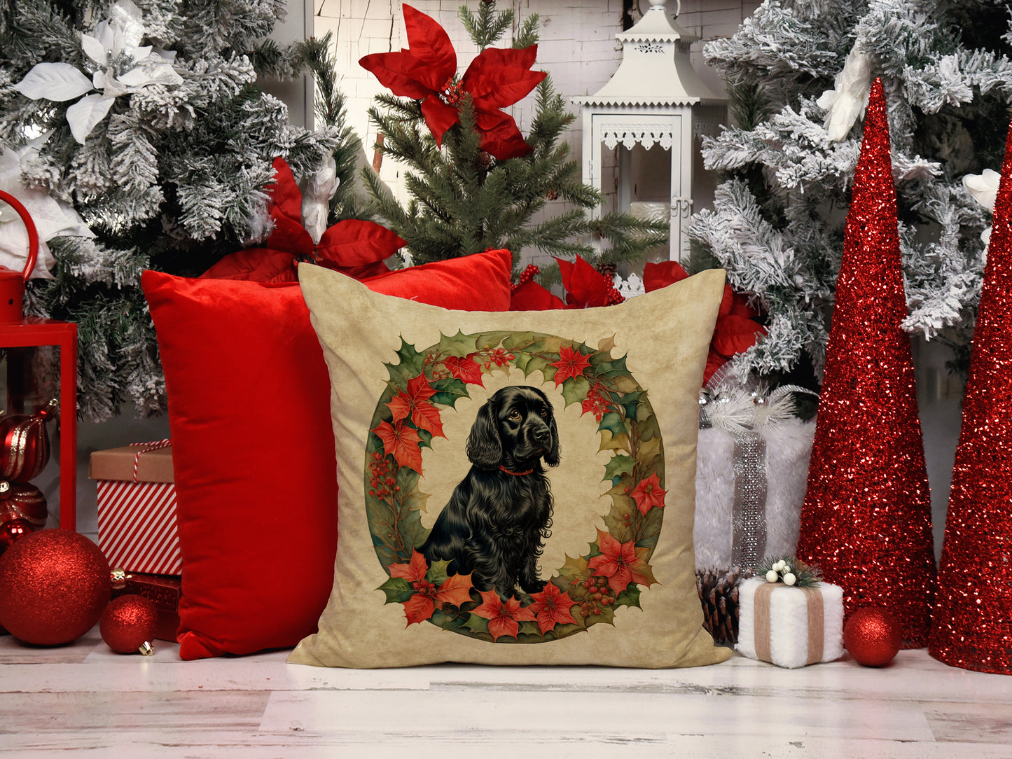 Cocker Spaniel Christmas Flowers Throw Pillow