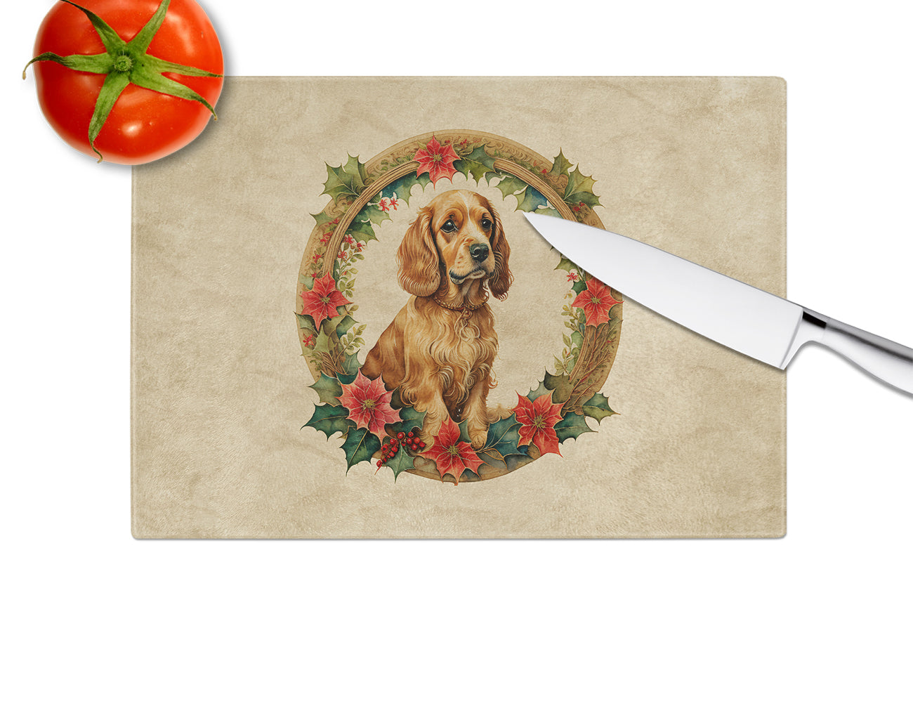 Cocker Spaniel Christmas Flowers Glass Cutting Board