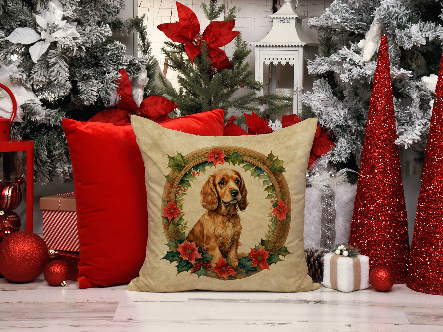 Cocker Spaniel Christmas Flowers Throw Pillow