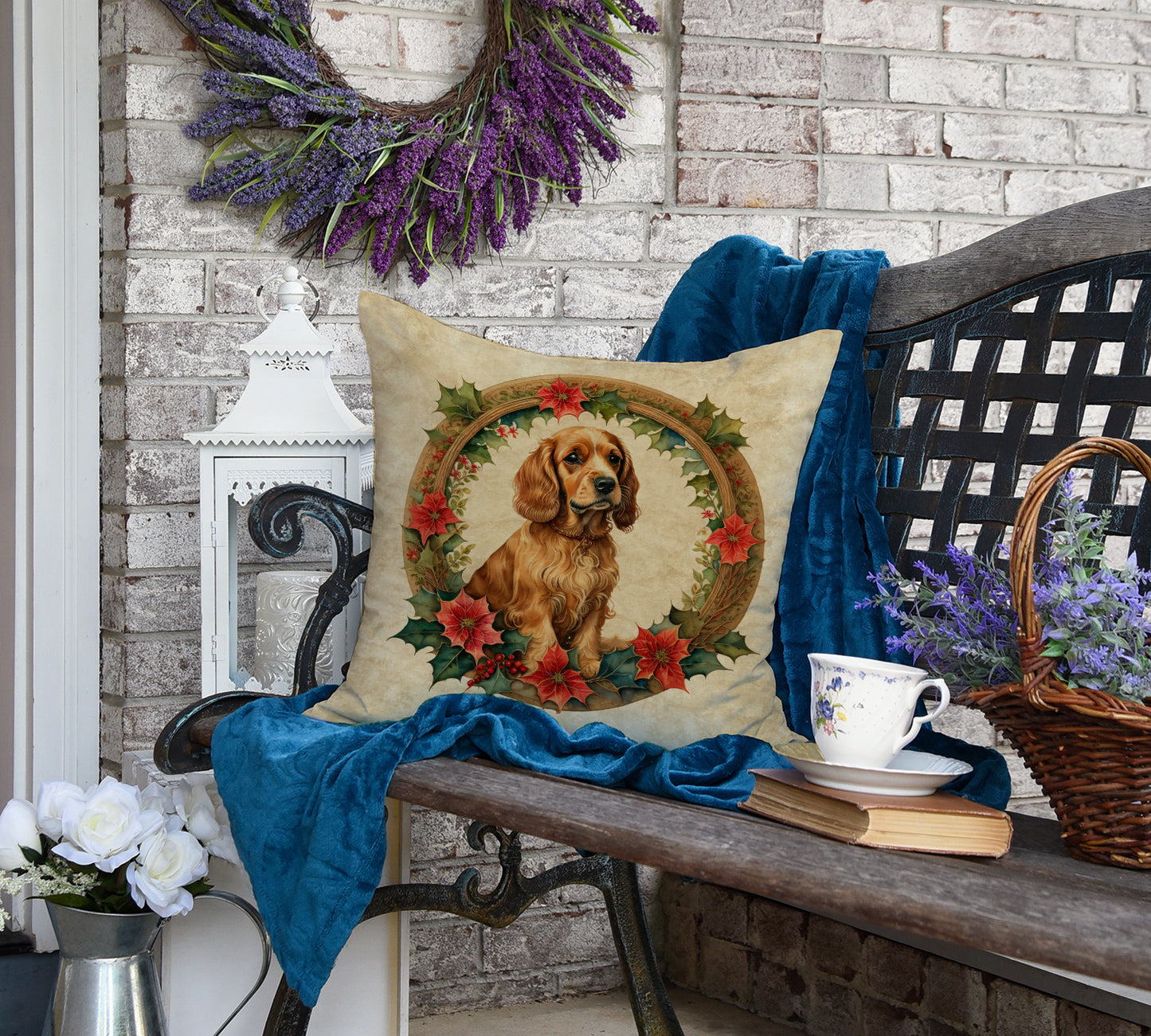 Cocker Spaniel Christmas Flowers Throw Pillow