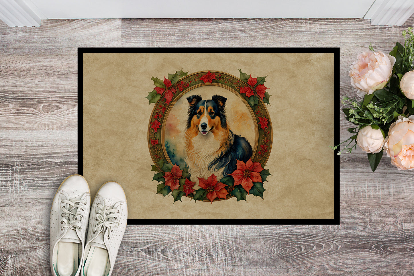 Collie Christmas Flowers Doormat