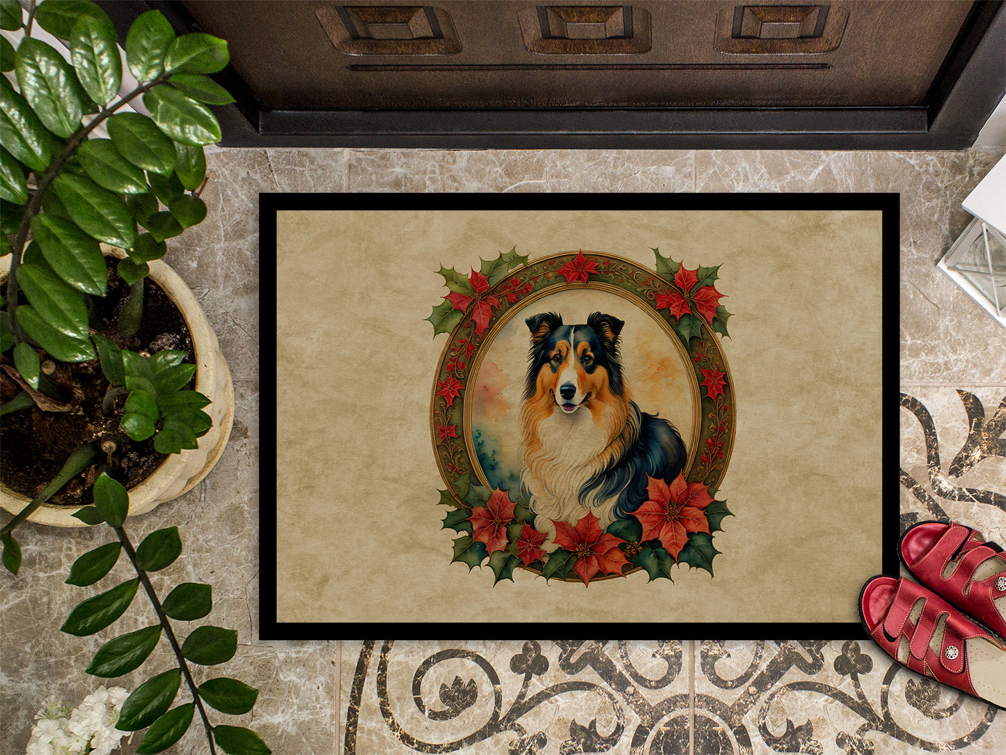 Collie Christmas Flowers Doormat