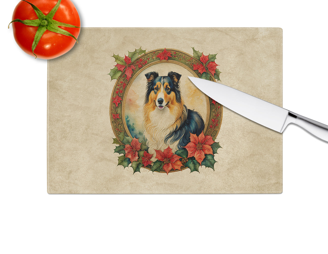 Collie Christmas Flowers Glass Cutting Board