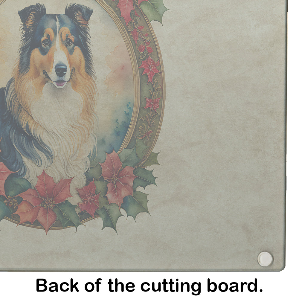 Collie Christmas Flowers Glass Cutting Board