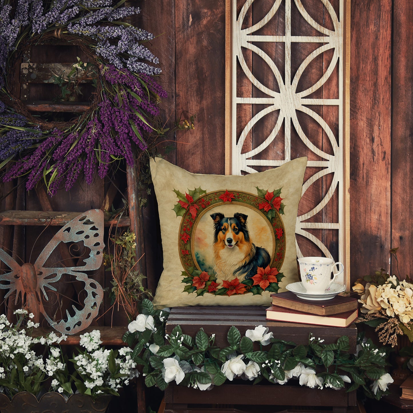 Collie Christmas Flowers Throw Pillow