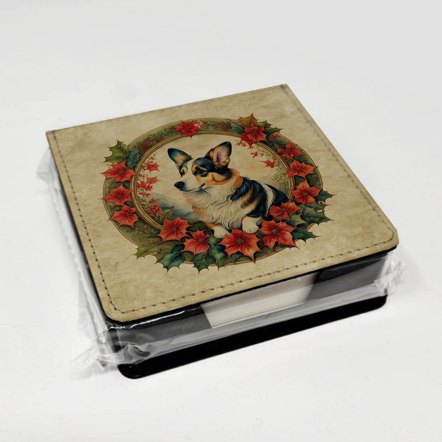 Corgi Christmas Flowers PU Leather Note Paper Holder