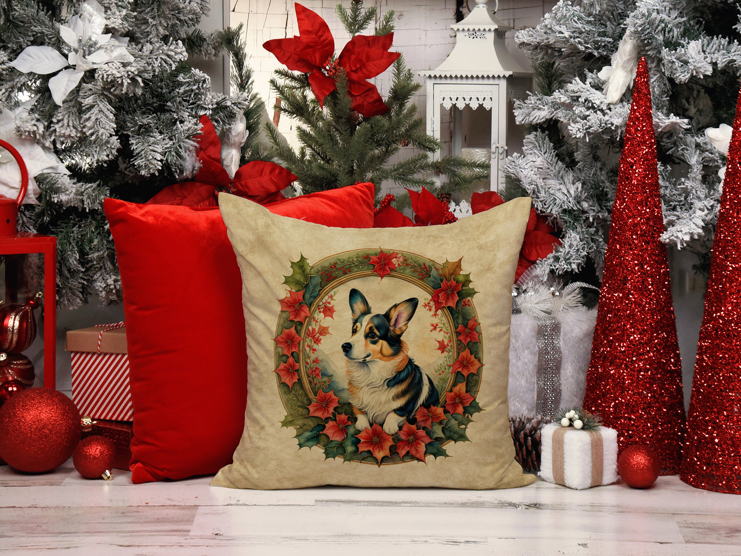 Corgi Christmas Flowers Throw Pillow