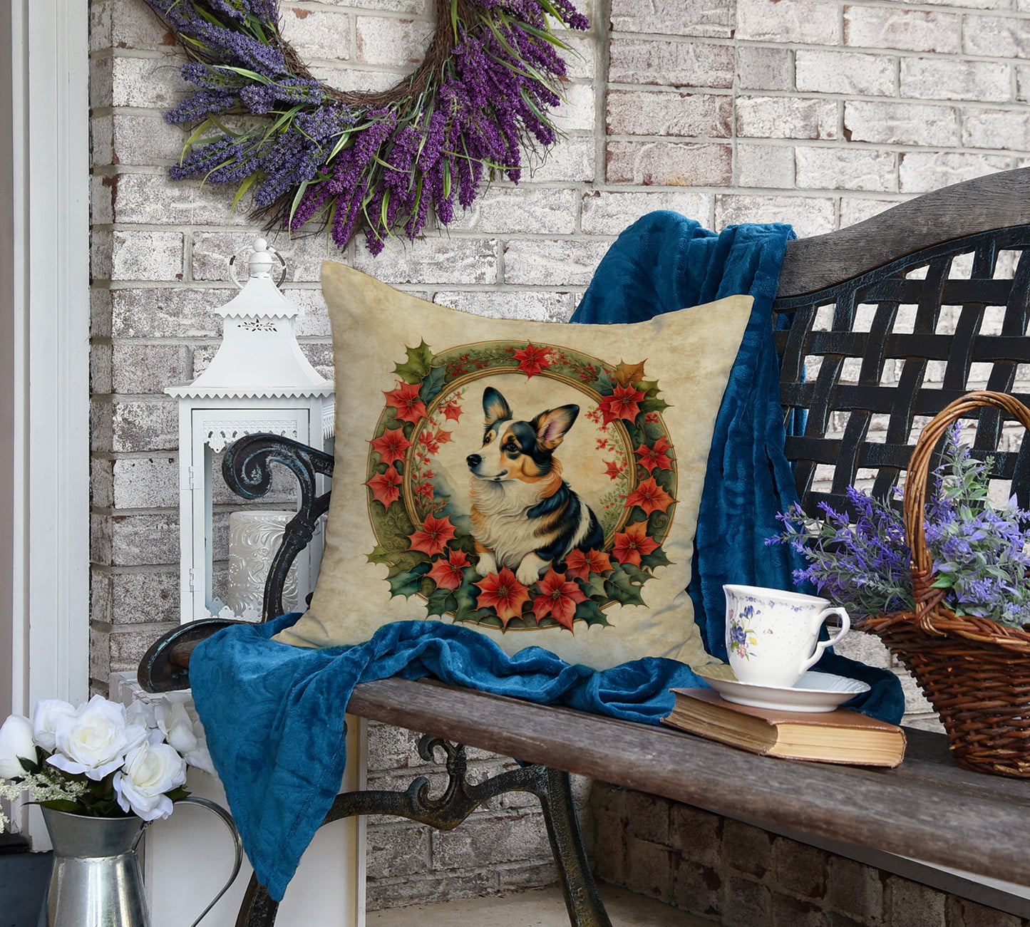 Corgi Christmas Flowers Throw Pillow