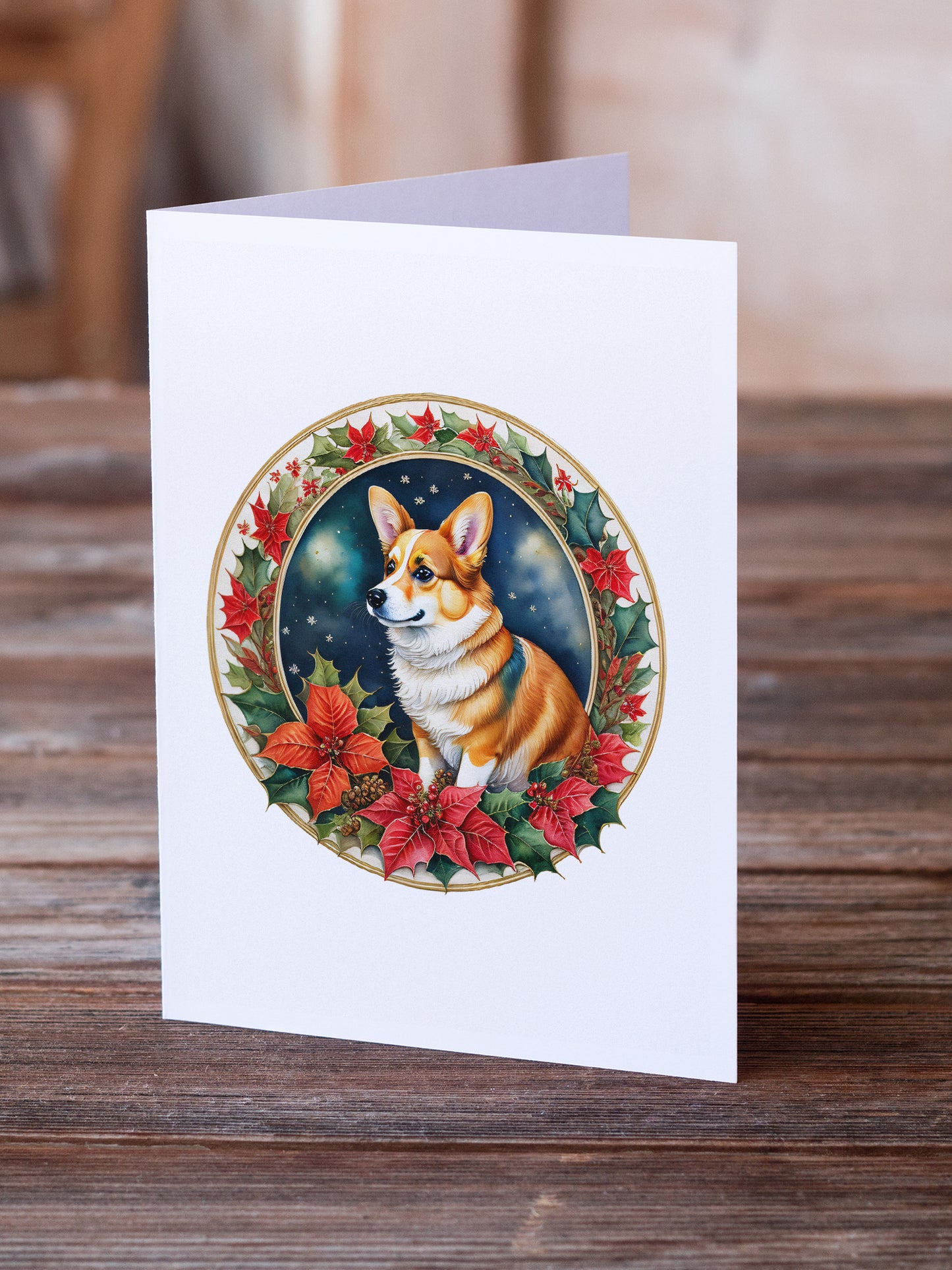 Corgi Christmas Flowers Greeting Cards Pack of 8