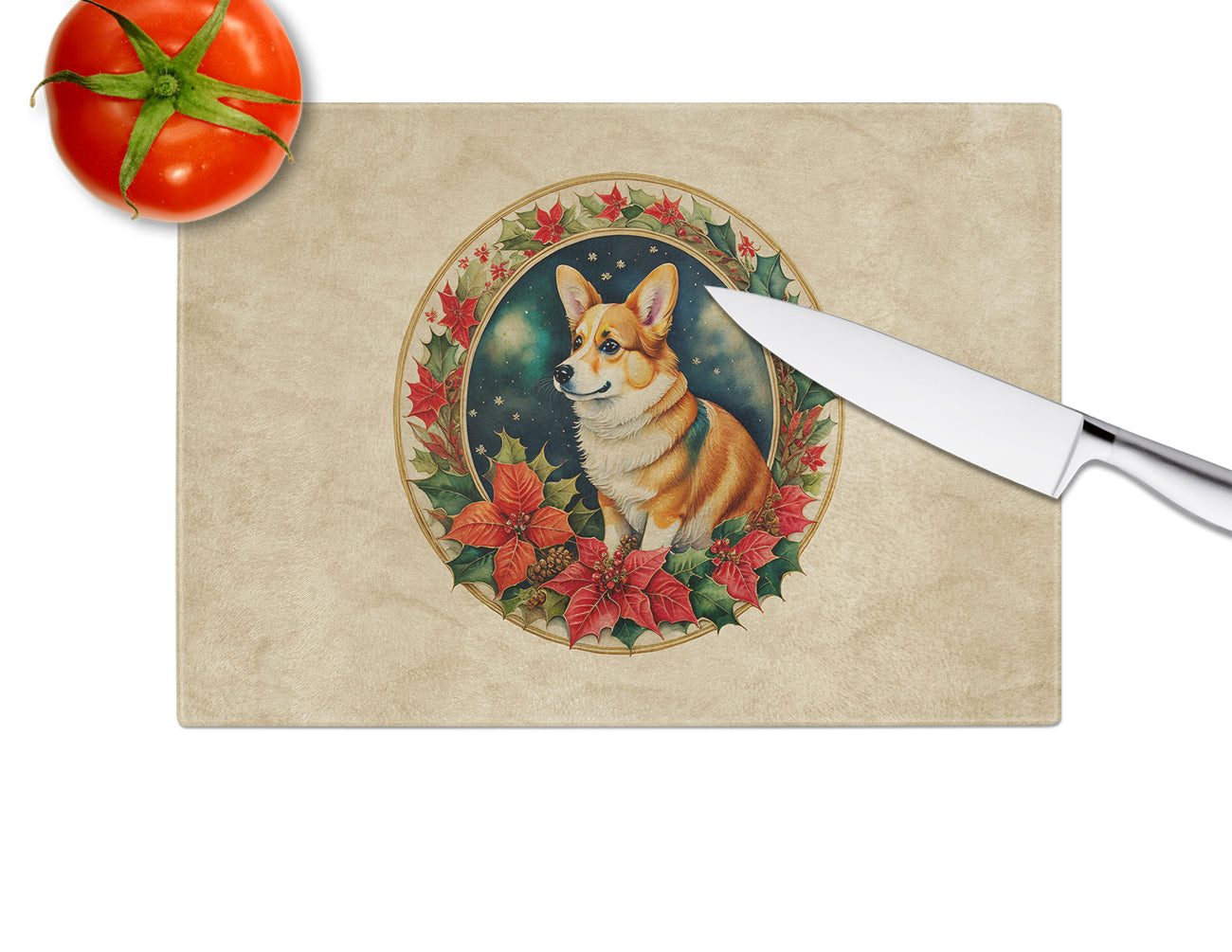 Corgi Christmas Flowers Glass Cutting Board