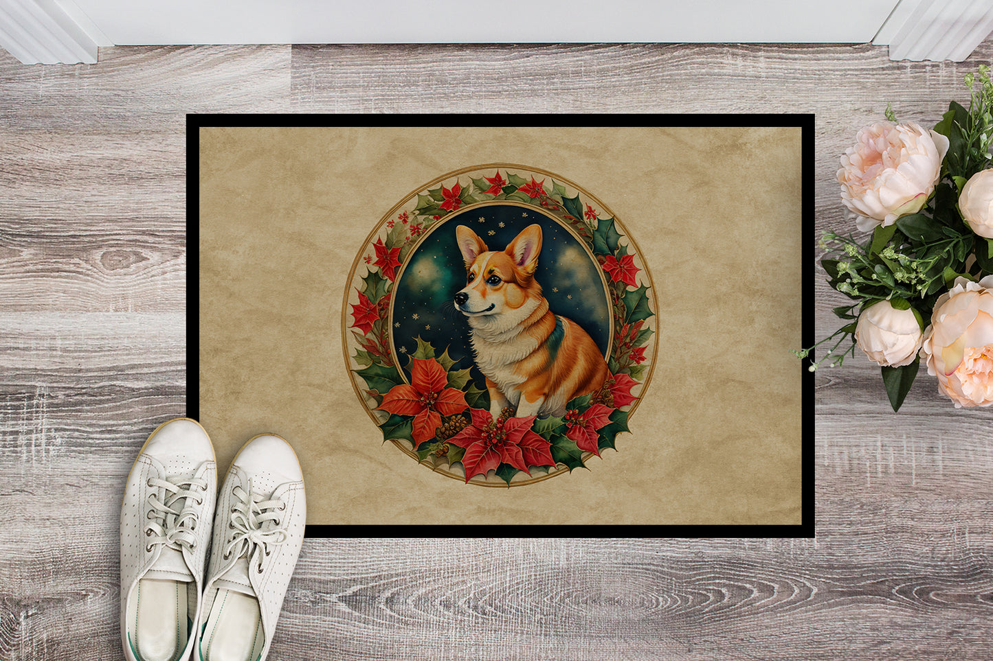 Corgi Christmas Flowers Doormat